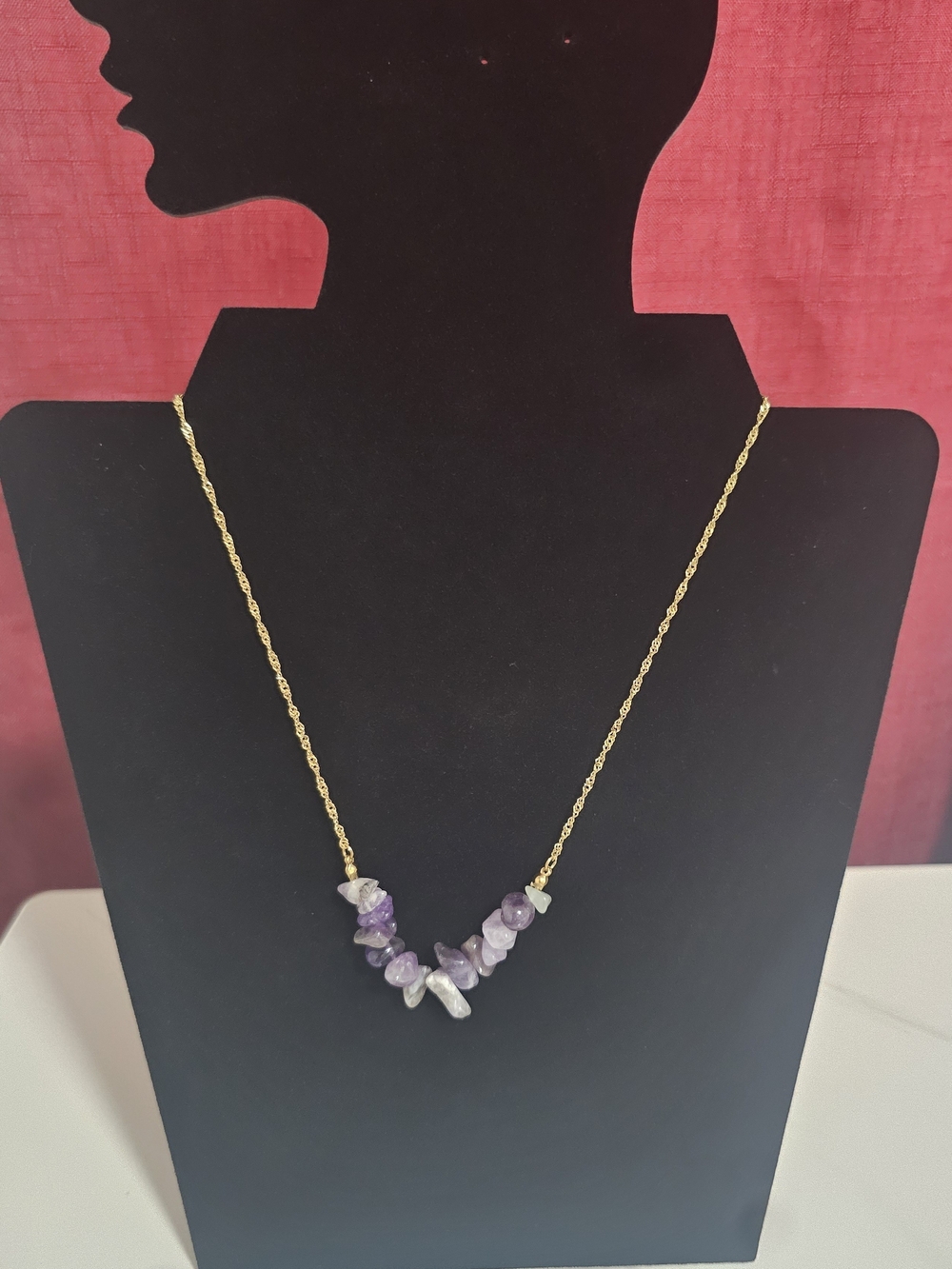 NIB 18K Gold Plated Stainless Steel Amethyst Chip Necklace